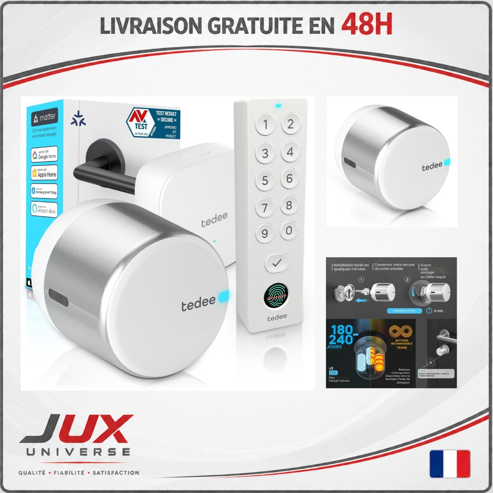 tedee GO2 Serrure connectee Alu WiFi Clavier biometrique em